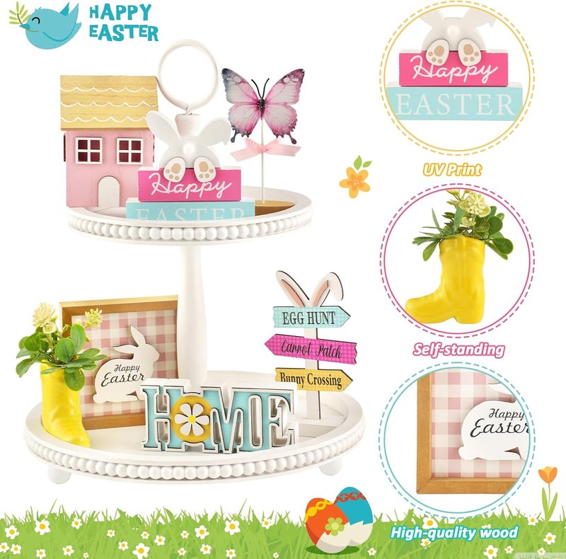 SYNCVIBE Spring Decorations, 8 Pieces Easter Spring Tiered Tray Decor, Home Office Table Shelf Decor Gifts, Tray Objects Decoration Bundle Bunny Bead Garland Wood Plaques Signs Decorative Ornament Set - Image 5